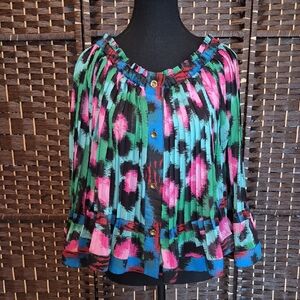 Kenzo Vibrant Pleated Blouse in Pink, Green, and Blue